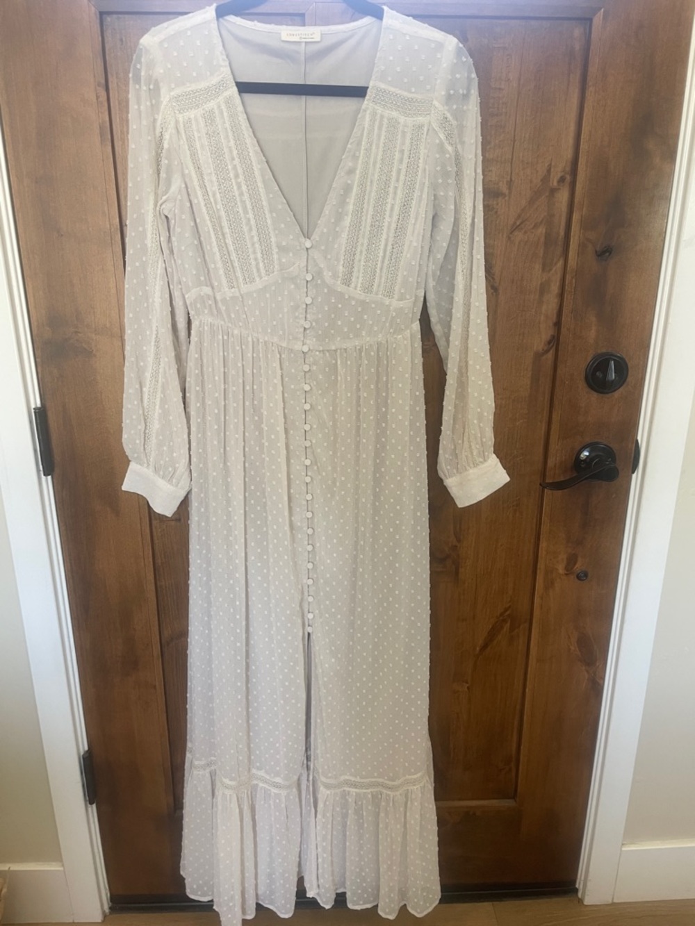 NWOT lovestitch Ivory Swiss Dot Maxi Dress with Button Front